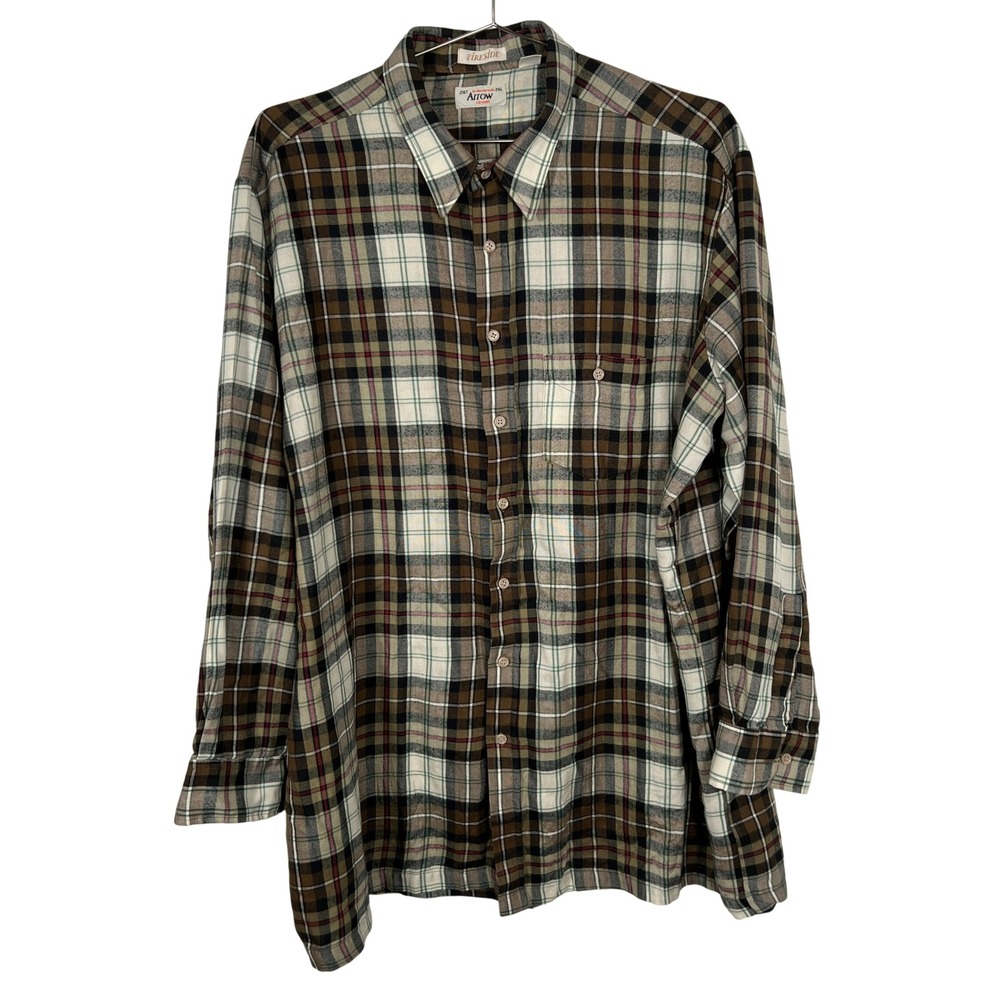 Vintage Plaid Brown Button Down‎ Shirt Arrow Fireside Acrylic 2XLT Tall Flannel